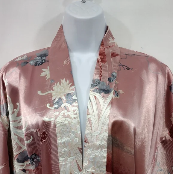 Floral Silky Floral Kimono Robe Womens XL Pink Made in Japan Retro 90s Y2K - Picture 2 of 8